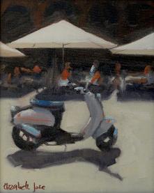a painting of a moped parked on a French city square with cafe umbrellas behind