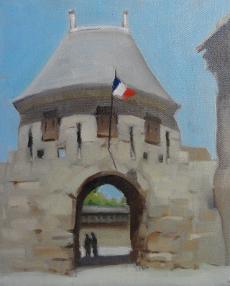 Oil painting of stone architecture arch with a French flag