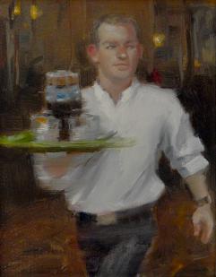 a painting of a waiter moving quickly as he works