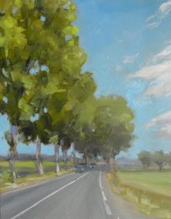 a painting of an old french road lined by poplar trees.