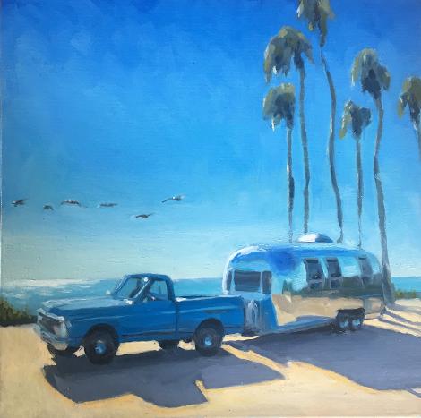 70's vintage chevy truck and airstream trailer by the ocean with palm trees and pelicans