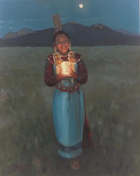 Painting of a Native American young woman holding a lantern at twilight in front of Taos Mountain