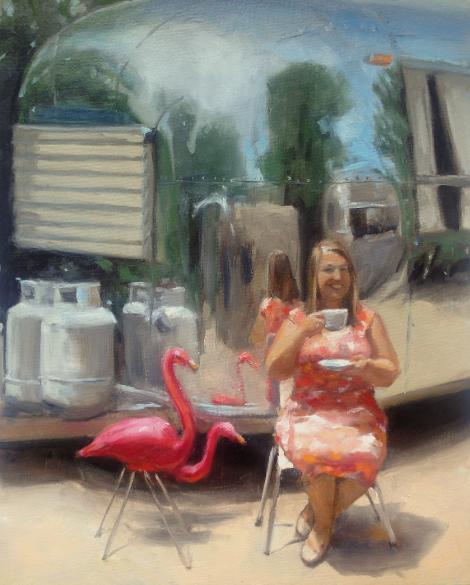 Elizabeth Jose artist drinking tea with her Airstream trailer