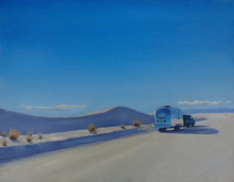 vintage airstream trailer at white sands national monument with a bright blue sky