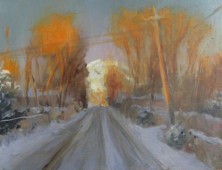 oil painting of a snowy street with golden evening light catching the trees