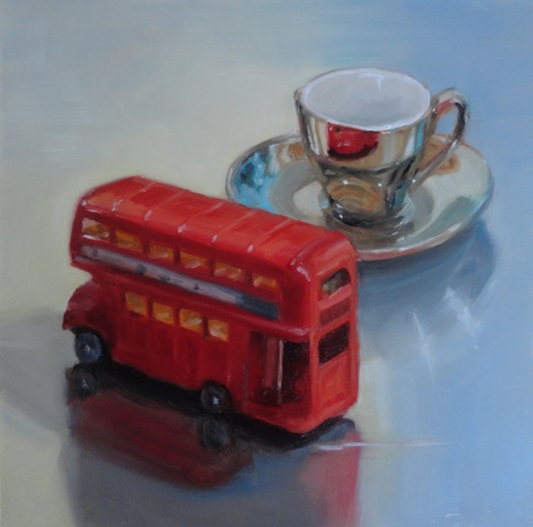 realistic painting of a shiny teacup with a model London red bus on a reflective surface