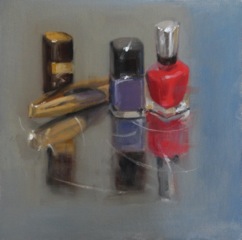 An impressionistic painting of shiny cosmetic items on a reflective surface