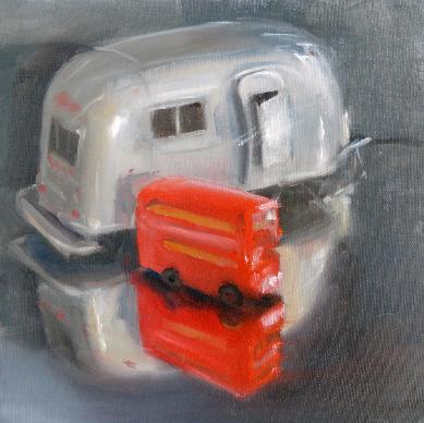 Still life oil painting of a model airstream and a model London red bus