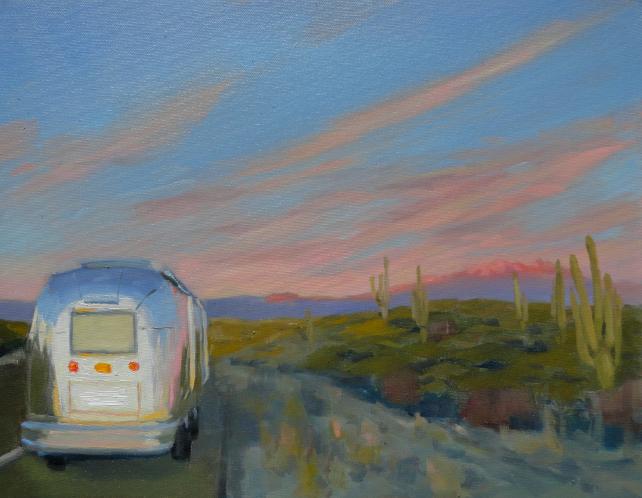 sunset with Airstream trailer and saguaros